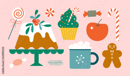 Christmas sweet treats with cute decorations. Traditional family xmas cakes, candies, drinks for cozy celebration. Flat illustration for winter holidays graphic design.