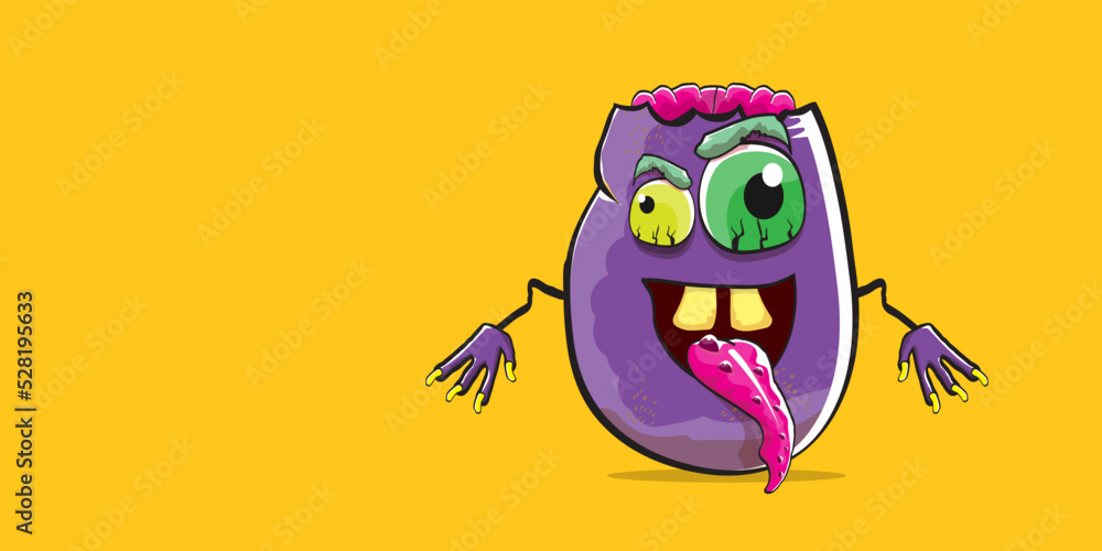 Fototapeta premium vector funny cartoon spooky violet zombie potato character isolated on orange background. Zombie potato vector concept halloween background and label. Dead monster vegetable funky character