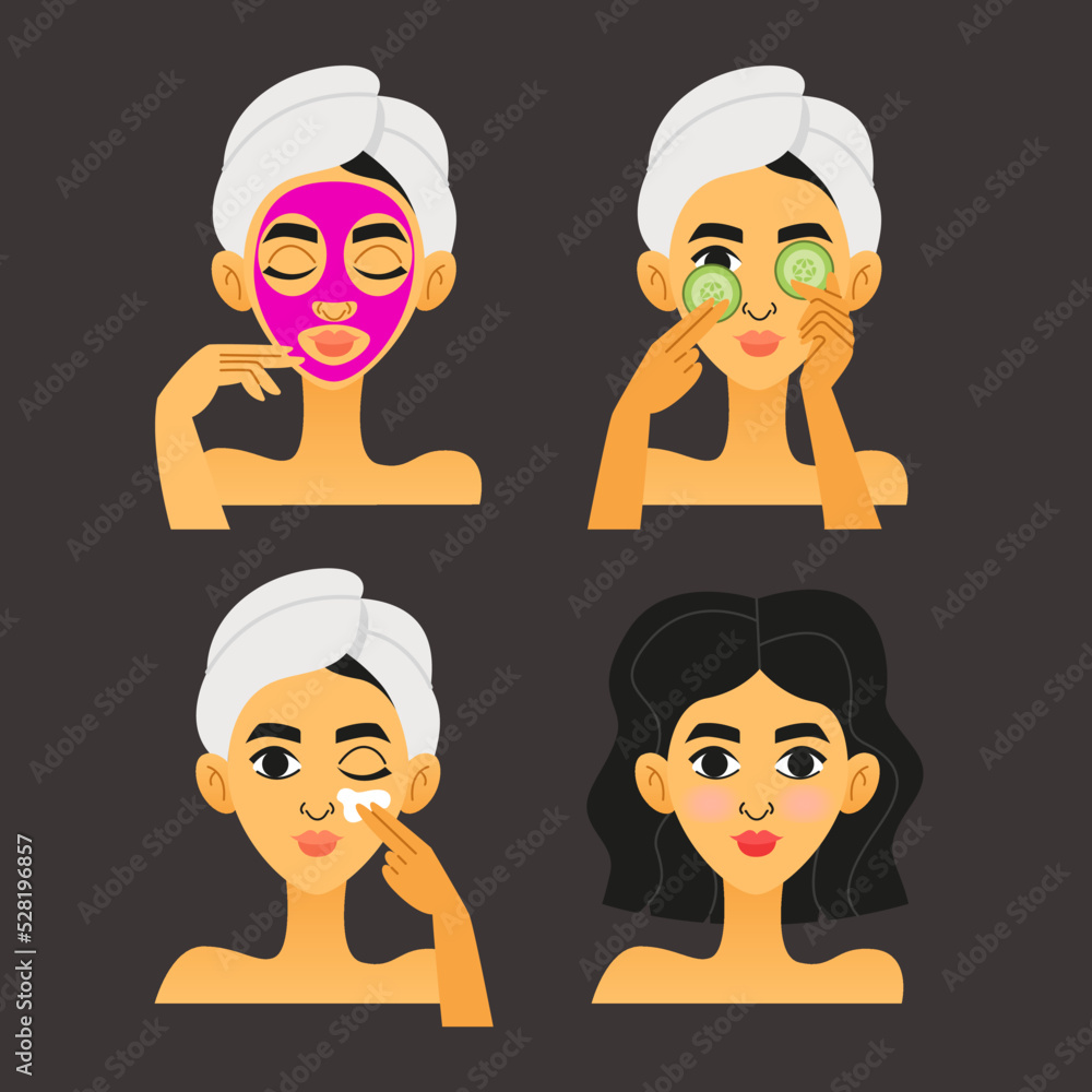 Woman take care about face. Steps how to apply make face make-up. Vector isolated illustrations set. Woman take care about face. Steps how to apply make face make-up. Vector isolated illustrations set.