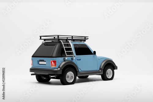 A powerful blue Off-road car 4x4, safari, expedition off-roader,  back view. 3D illustration