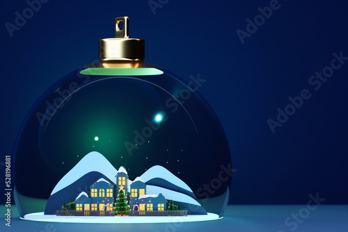 Huge amount next year is 2022, with a snow globe, night small village, city tree decorated. New Year's fabulous atmosphere. 3d illustration photo