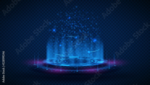 Vector illustration of round fantastic portal. Digital hi-tech element for presentation of digital goods. Round teleport or magic portal isolated on checkered background. Sci-fi technology. HUD, VR.