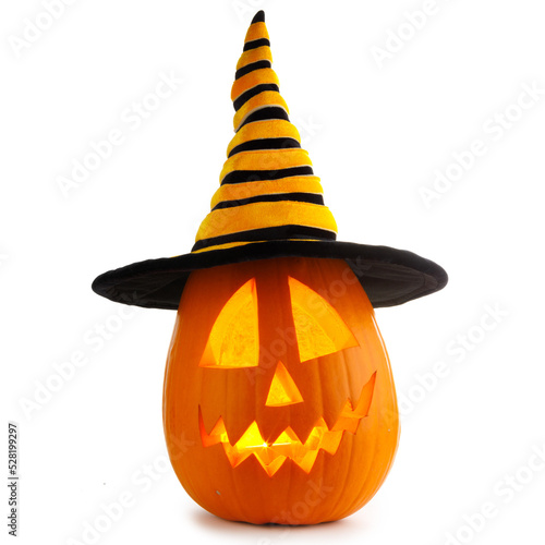 Halloween pumpkin in witches hat