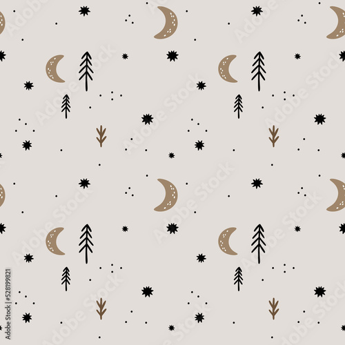Minimalistic texture print with magic forest with tree, stars and moons. Woodland seamless pattern in Scandinavian style. Forest Background. Fabric abstract ornament with simple nature woodland