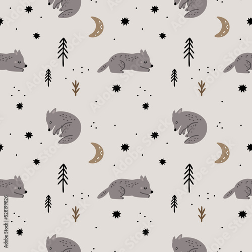 Pattern with cute baby wolf in forest. Seamless minimalistic pattern with baby wolf. Nature background. Woodland print for kids with moon, stars and cute animals 