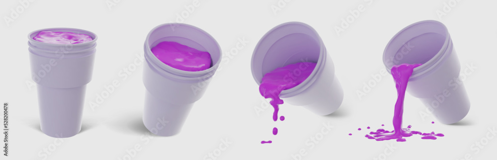 Realistic 3D double cup with Lean. Codeine purple drink, standing and  dripping cups collection. Vector set Stock Vector