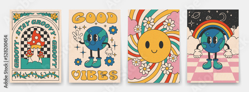 Bright groovy posters 70s. Retro poster with psychedelic mushrooms, planet character, sunburst clouds and flowers and rainbow, vintage prints, isolated