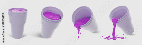 Realistic 3D double cup with Lean. Codeine purple drink, standing and dripping cups collection. Vector set