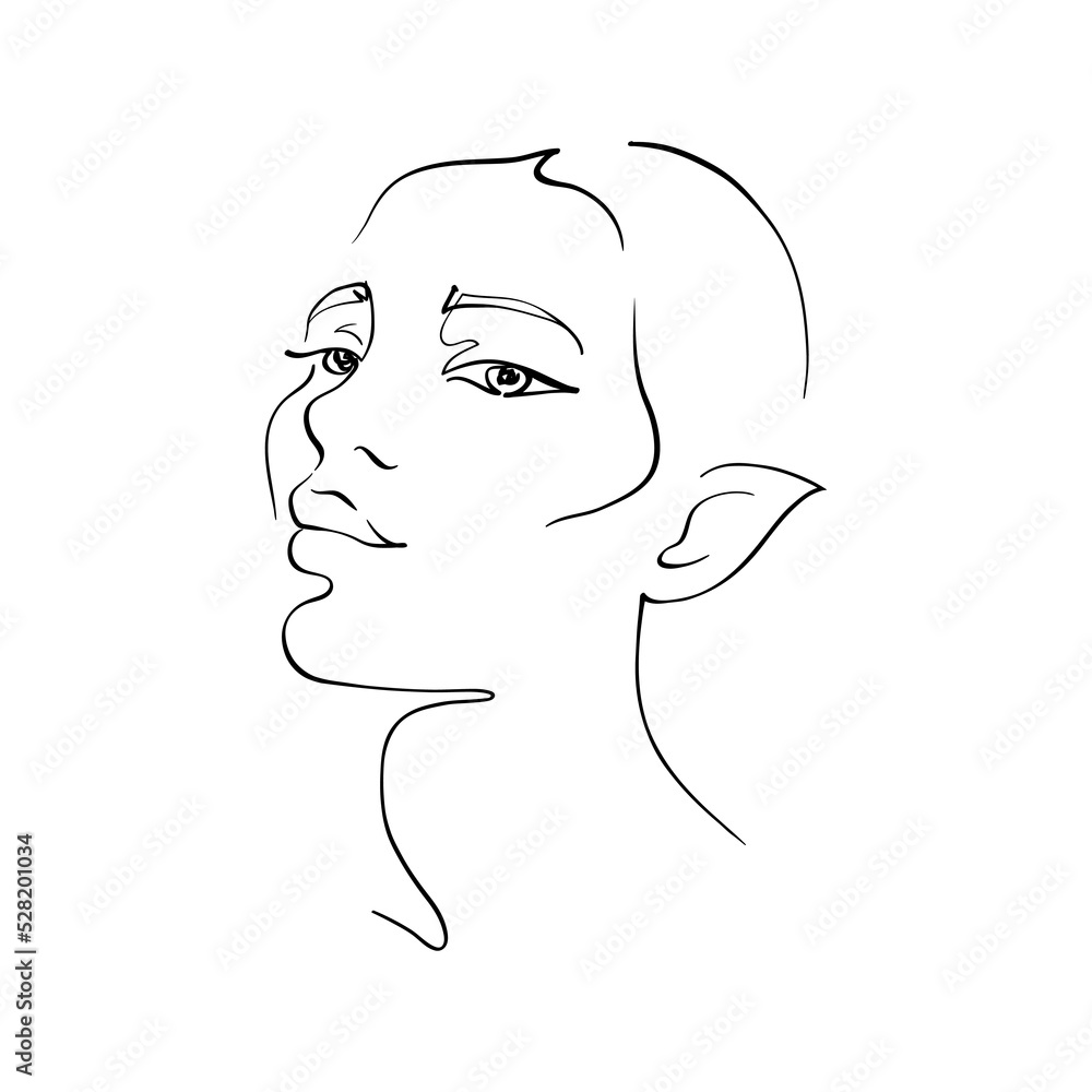 Beautyfull girl elf face. Attractive young woman portrait, beauty concept. Black and white vector illustration