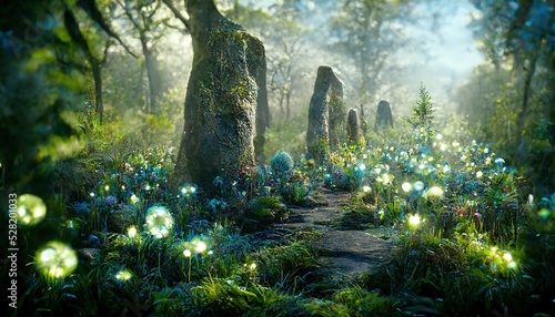 Fényképezés Tiny glowing flowers and old stone pillars on glade grass