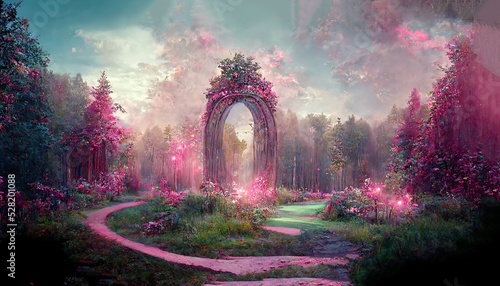 Fotografie, Tablou Elegant portal in floral arch in pink fairy tale forest