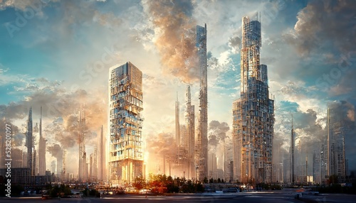 Foto Futuristic highrise building in large city under cloudy sky