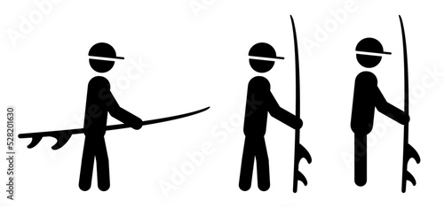 Cartoon surf stickman, stick figure man andb surfboard. Summer surfing. Surf board for wave. Surfer for water sport.