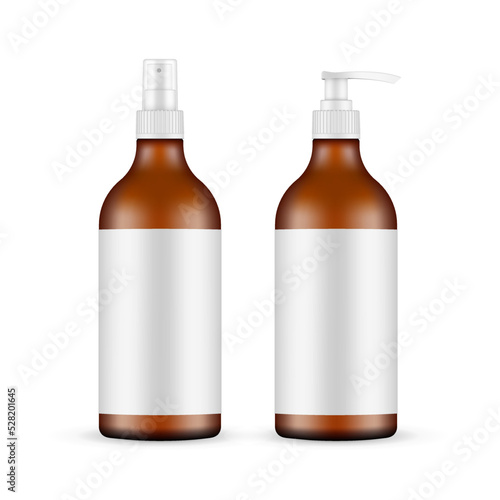 Amber Plastic Cosmetic Bottles With Pump and Spray, Isolated on White Background. Vector Illustration