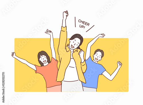 Portrait of cheerful people in basic clothing smiling and clenching fists like winners or happy people isolated over yellow background. Hand drawn style vector design illustrations.