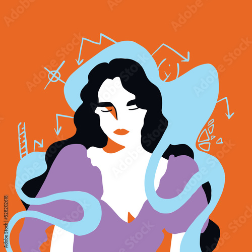 Vector illustration being woman trouble society feminism. Unknown future concept. Character experiencing, fear, panic. Employee may be fired, difficulties at work, scary. flat vector