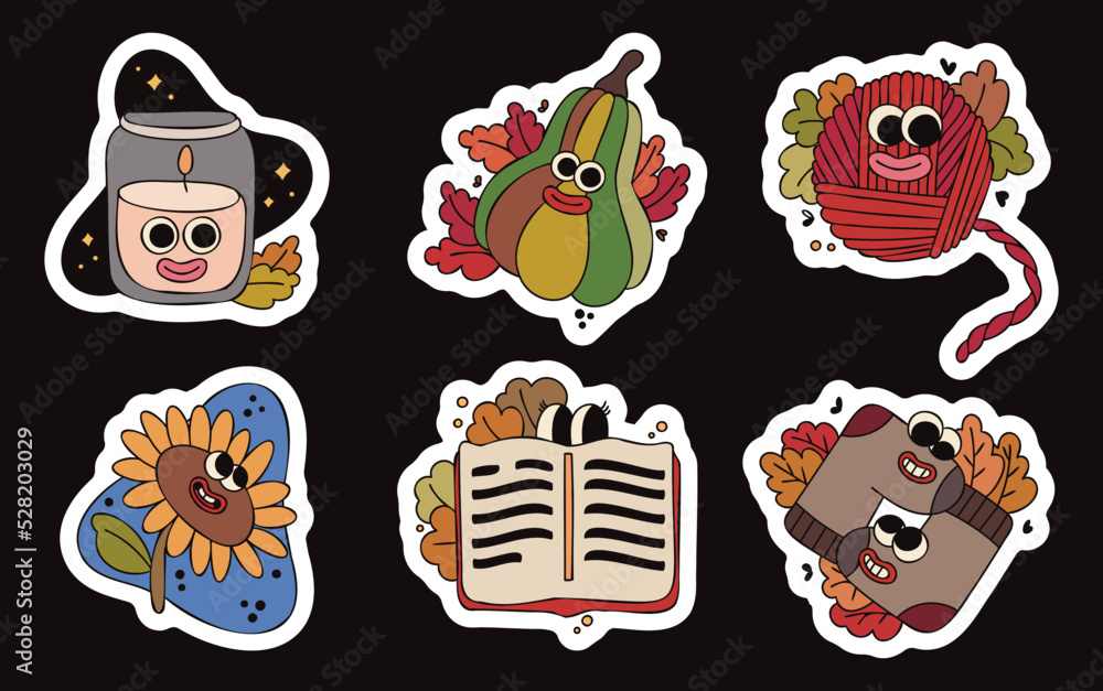 Fototapeta premium Set of six vector illustrations. Various badges, stickers with funny cartoon characters. Autumn symbols.