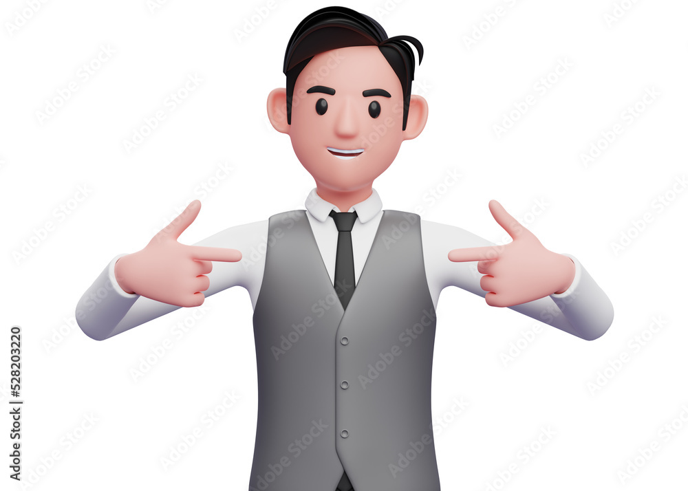 smart boy in gray vest suit pointing self, 3D illustration of man in gray vest suit pointing self smart boy in gray vest suit pointing self, 3D illustration of man in gray vest suit pointing self
