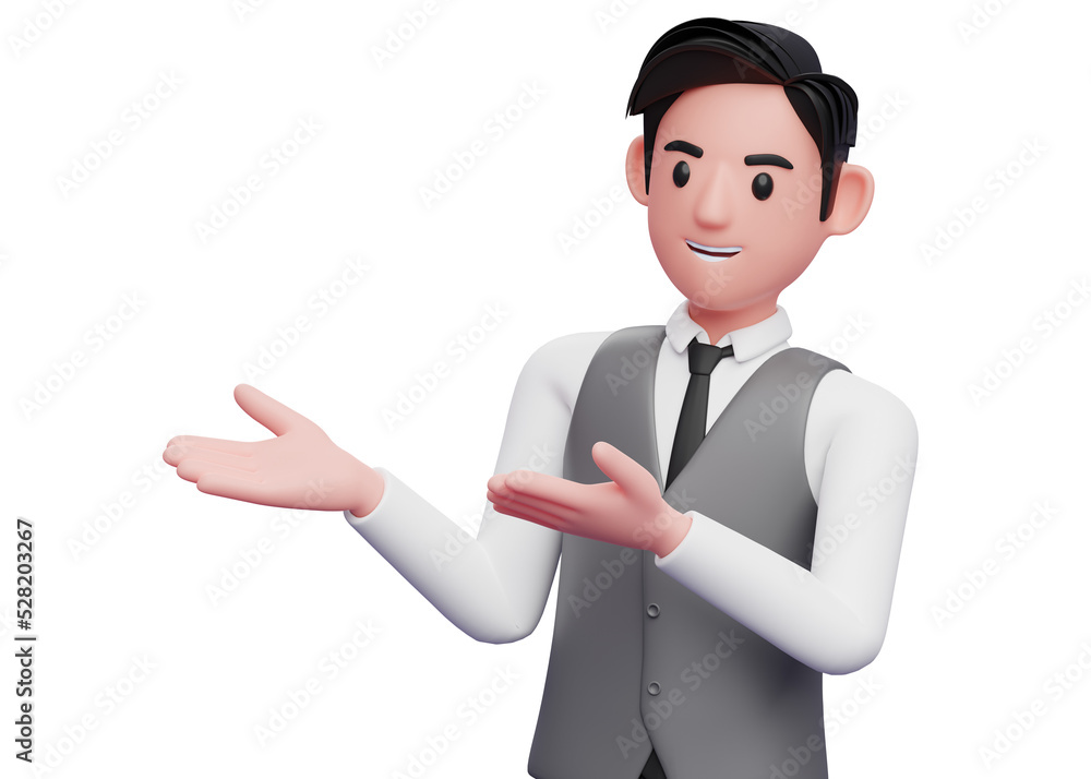 businessman in gray vest suit open both hands pose, 3d illustration of a businessman presenting side with open both hands businessman in gray vest suit open both hands pose, 3d illustration of a businessman presenting side with open both hands