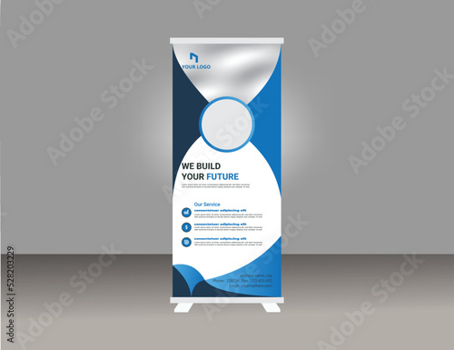 Roll-up banner, blue and white design, business advertising display, promotional stand