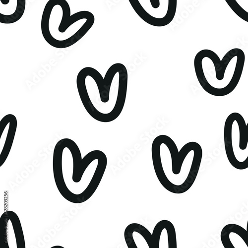 Abstract outline heart seamless pattern, black and white texture, hand-drawn background, wallpapers, endless ornament, repeating print. Doodle vector illustration for textiles, wrapping paper, fabric