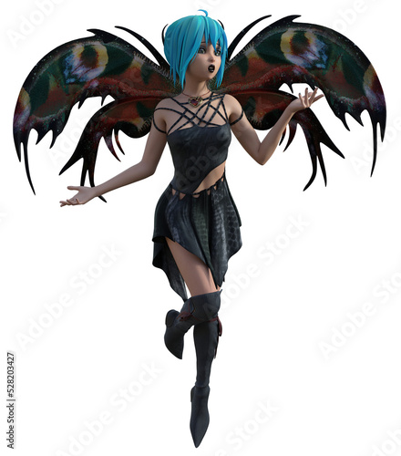 3d Illustration of a dark anime style butterfly fairy with blue hair and outspread wings 
