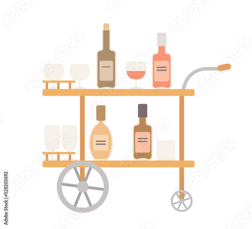 Cute bar cart with alcohol. Home interior concept. Cartoon flat style. Vector illustration