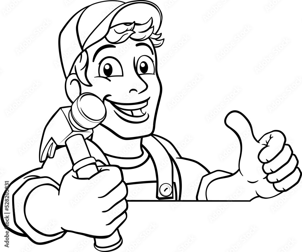 A handyman carpenter or builder cartoon man holding a hammer. Construction maintenance worker or DIY character mascot. Giving a thumbs up and peeking over a sign A handyman carpenter or builder cartoon man holding a hammer. Construction maintenance worker or DIY character mascot. Giving a thumbs up and peeking over a sign