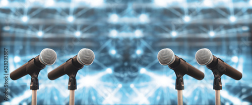 Print op canvas Microphones Public speaking background, Close up microphone on stand for speaker speech presentation stage performance or press conference backgrounds