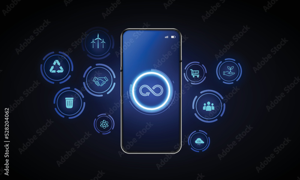 Phone ESG icon concept in the hand for environmental, social, and governance in sustainable and ethical business on the Network connection on a blue background. Phone ESG icon concept in the hand for environmental, social, and governance in sustainable and ethical business on the Network connection on a blue background.