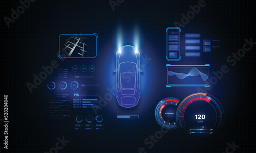 Concept for driver assistance systems. Autonomous car. Driverless car. Self driving vehicle. Future concepts smart auto. HUD, GUI, hologram