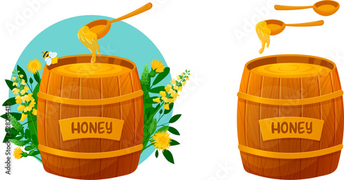 Wooden barrel with honey and spoon on floral background. Cartoon barrel with honey, spoons with honey