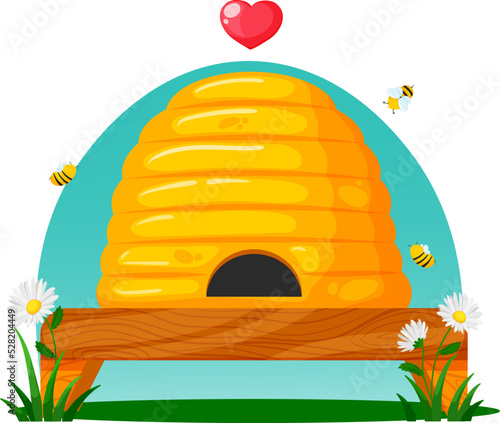 Round cartoon beehive with daisies on a blue background. Beautiful hive with bees and heart. For bee lovers, honey with love