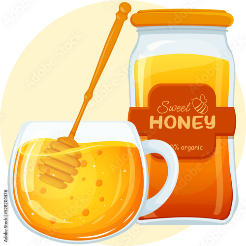 Tea with honey and chamomiles. A cup of tea with chamomile and a spoon with honey. A picturesque cup of chamomile tea with honey. Honey flows into a cup of tea