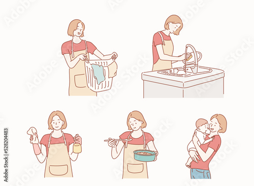 A woman doing housework. Hand drawn style vector design illustrations.