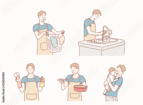 A man doing housework. Hand drawn style vector design illustrations.