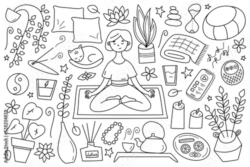 Doodle collection of meditation icons, girl meditating in lotus pose, vector illustrations of candles, aromasticks icons, yoga and mindfulness practice, isolated outline clipart on white background
