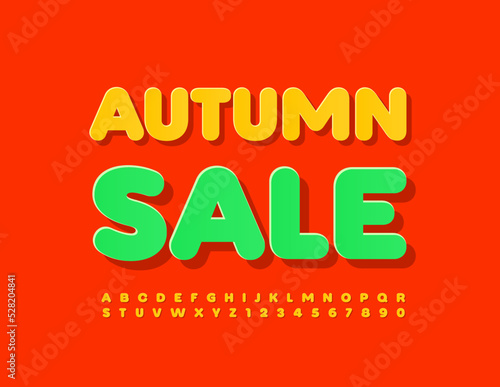 Vector colorful poster Autumn Sale. Creative Yellow Font. Trendy Bright Alphabet Letters and Numbers set.