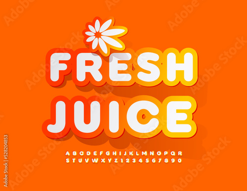 Vector advertising sign Fresh Juice with decorative flower. Bright Sticker Font. Creative set of Alphabet Letters, Numbers and Symbols