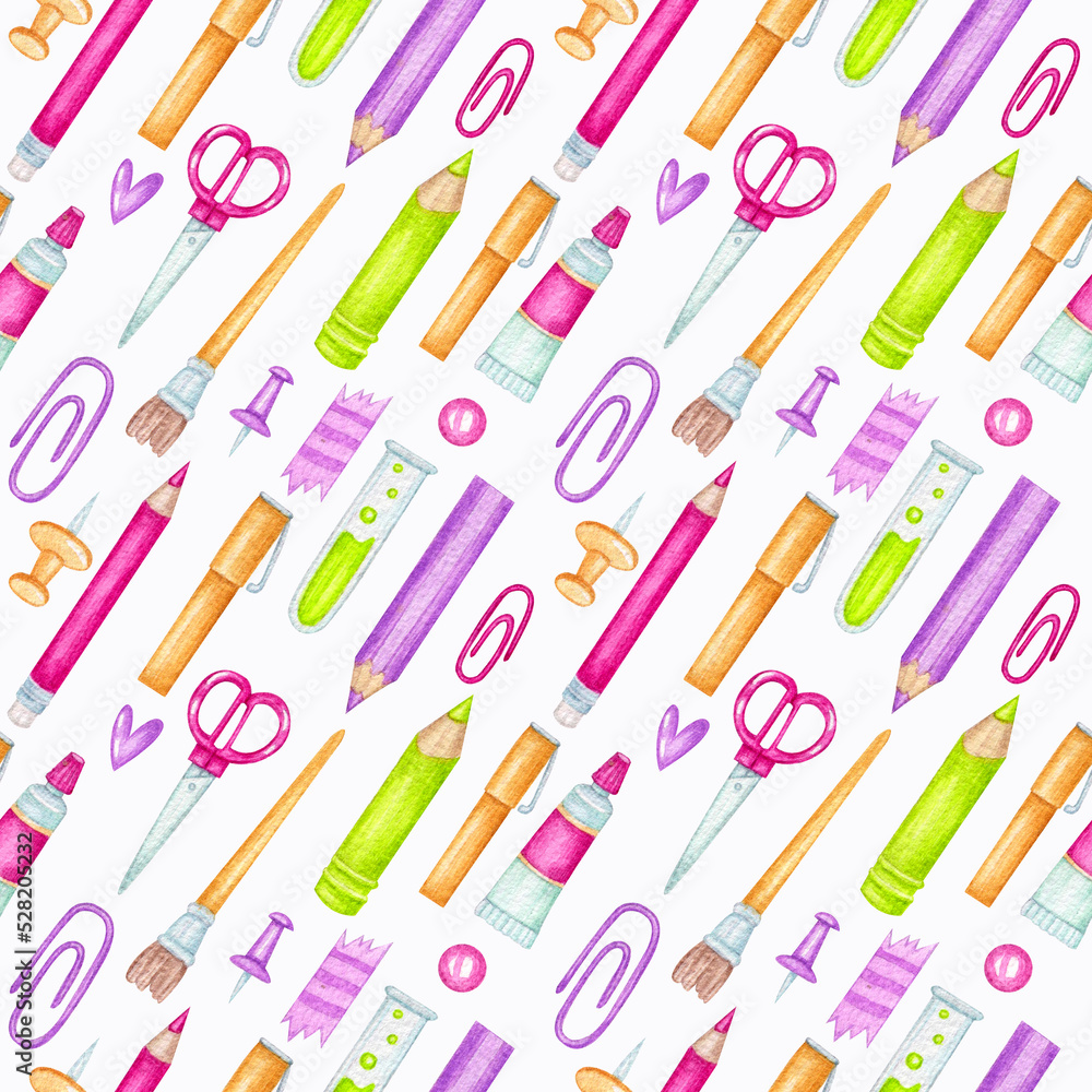Seamless pattern with pens, pencils and scissors on a white background. Watercolor illustration. Stationery. Back to school. Print on fabric and wrapping paper. Bright. Art. Design. Wallpaper. Seamless pattern with pens, pencils and scissors on a white background. Watercolor illustration. Stationery. Back to school. Print on fabric and wrapping paper. Bright. Art. Design. Wallpaper.