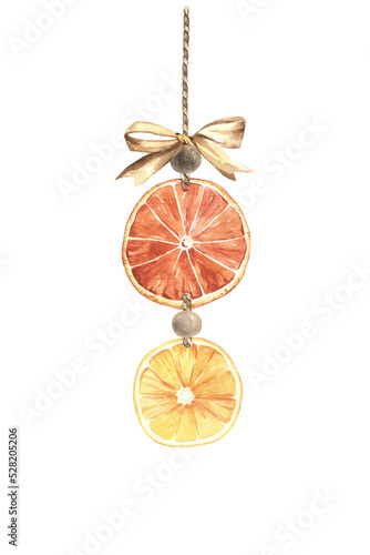 Pendant with dried orange slices, bow and beads, watercolor isolated illustration for invitation or greeting cards, autumn banner, Christmas decor or symbol winter, New Year.