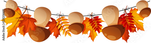 Porcini mushrooms, boletus on rope, garland with mushrooms and leaves, autumn garland