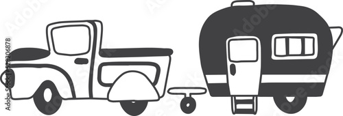 Hand Drawn Pickup trucks and towing houses illustration