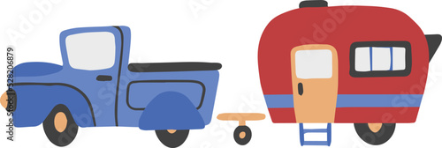 Hand Drawn Pickup trucks and towing houses illustration