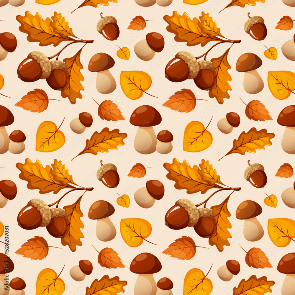 Seamless pattern with porcini mushrooms, acorns and autumn leaves on white light background