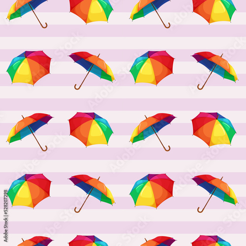 Seamless pattern with rainbow umbrellas on striped light background