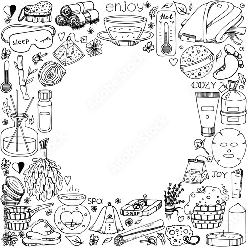Sauna accessories sketches in circle shape. Hand drawn doodle spa items collection. Vector outline object