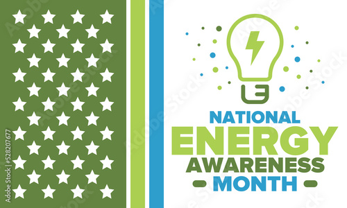 National Energy Awareness Month in October. Optimization and management of energy consumption. The introduction of advanced technology, encourage the use of renewable energy. Energy security. Vector