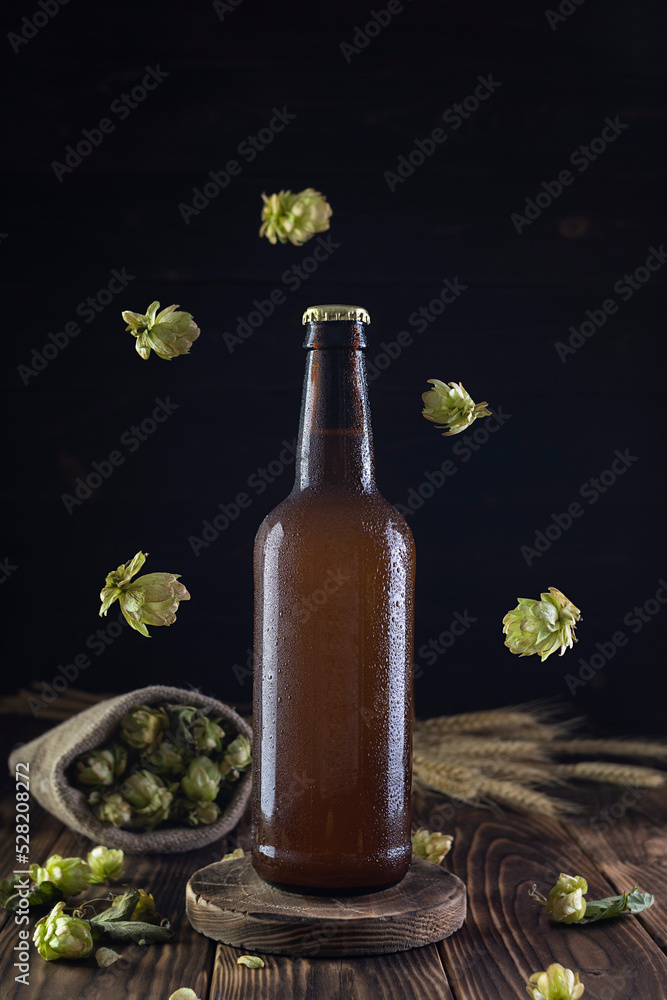 Dark bottle with light beer on a wooden stand. Droplets of water flow down the bottle. Hop flowers hang in the air. A canvas bag with hops in the background. Dark background