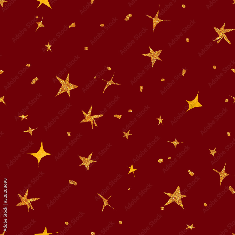 Shiny glitter stars seamless pattern. Endless space gold background. Christmas wrapping paper design in traditional colors. For fabric and wallpaper. Shiny glitter stars seamless pattern. Endless space gold background. Christmas wrapping paper design in traditional colors. For fabric and wallpaper.